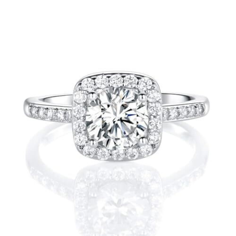 7569 18K White Gold Plated Cubic Zirconia Promise Halo Engagement Eternity